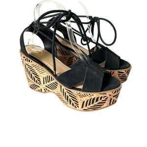 Sbicca Staycation Black Suede Ankle Lace Up Platform Wedge Sandal size 10